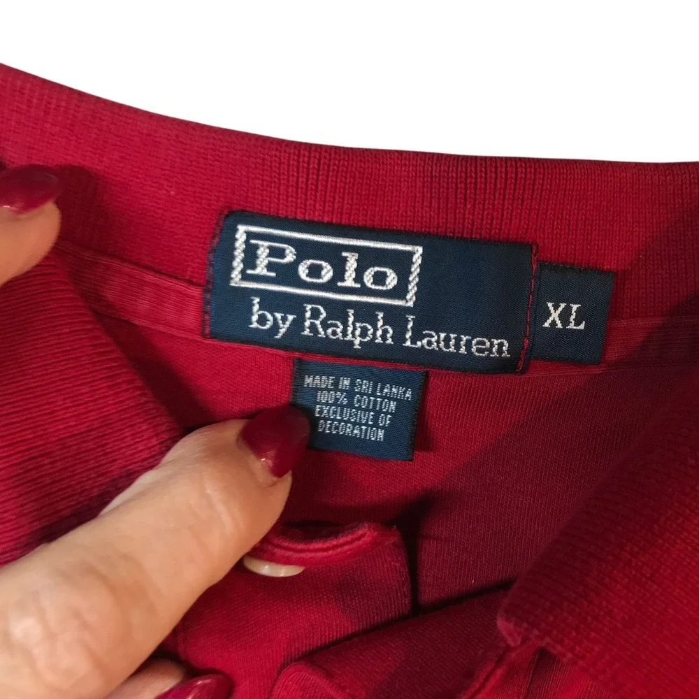 Polo Ralph Lauren Mens XL Red Long Sleeve Pique Polo Shirt Navy Blue‎ Pony Logo